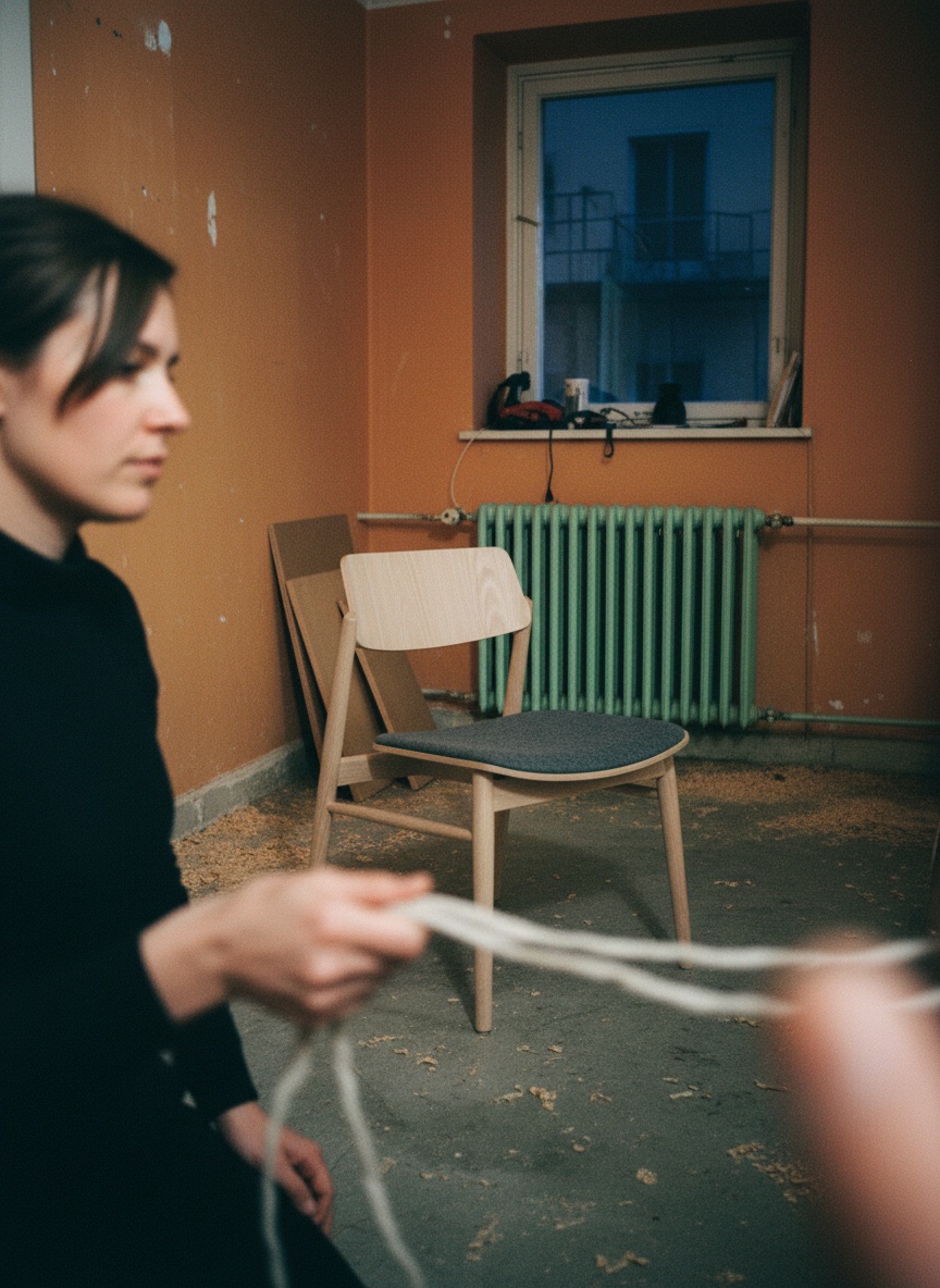A furniture designer, face half turned, holds a linen cord beside a pale wooden chair with a grey felt seat in a cluttered studio.