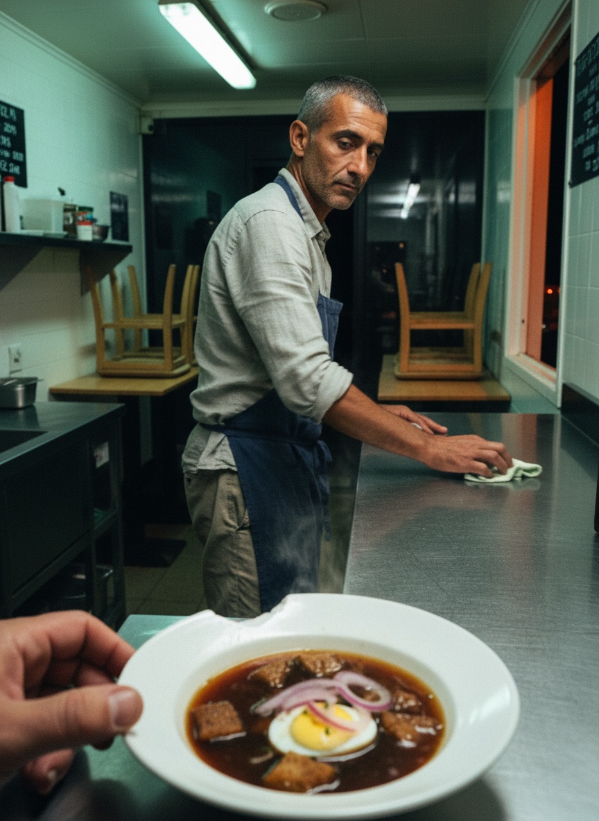 A chipped bowl of fried bread and egg in the foreground, with the restaurateur half turned behind a steel counter in a pier kitchen at night.