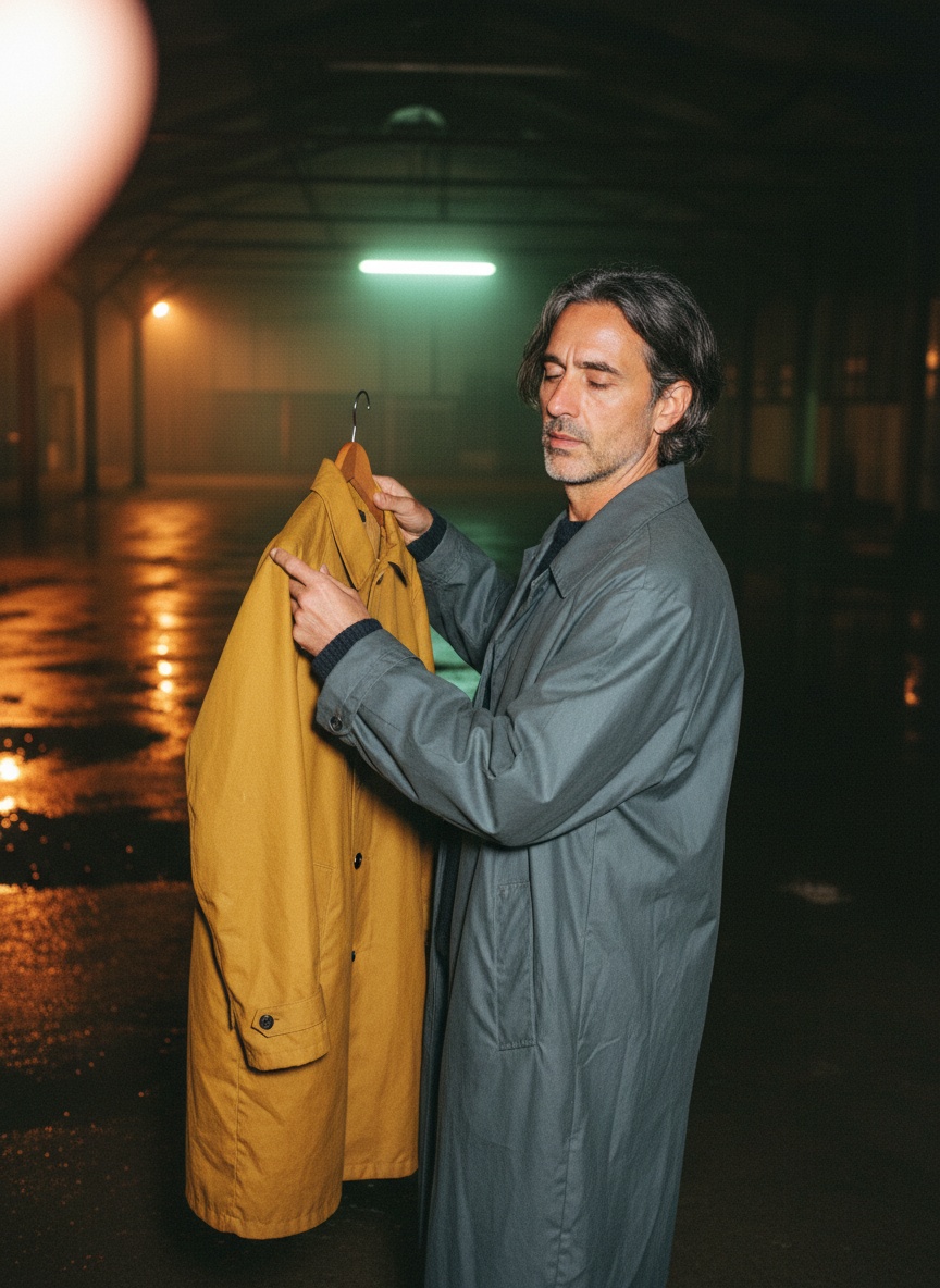A fashion designer, half-turned from the camera, holds up a mustard waxed canvas coat in a wet tram depot at night.