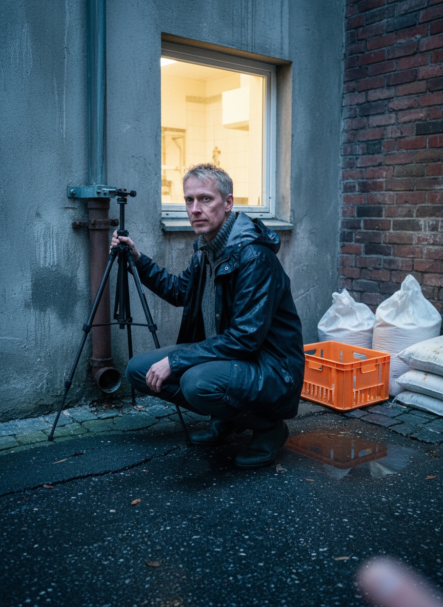 A video artist crouches beside a tripod in a wet courtyard, looking down at a puddle that reflects a yellow window.