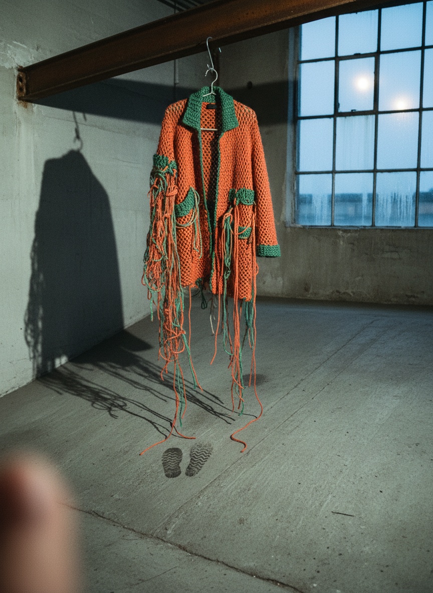 A half-knitted coat of orange fishing net hangs over a small wet boot print on a concrete studio floor.