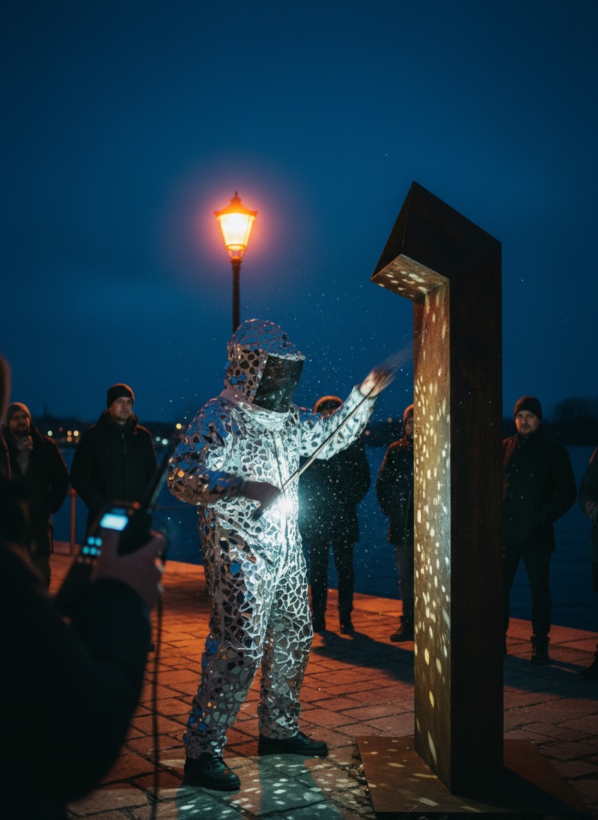 A figure in a mirrored beekeeper suit bows the corner of a steel sculpture on a night quay while a gloved hand holds a recorder in the foreground.
