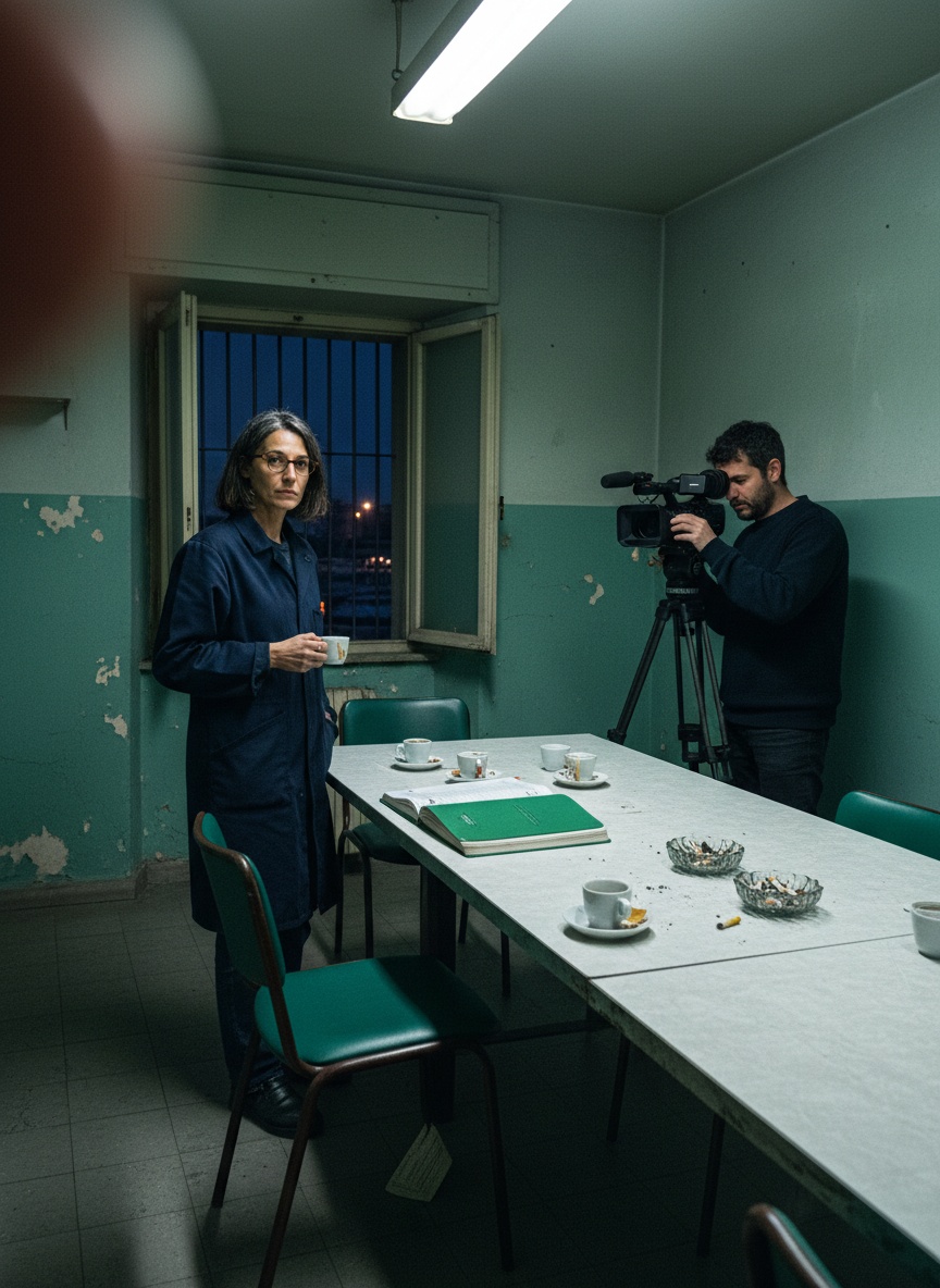 An empty green vinyl chair propped on a beer mat at the head of a long table, with a documentary maker half-turned behind her camera at the edge of the frame.