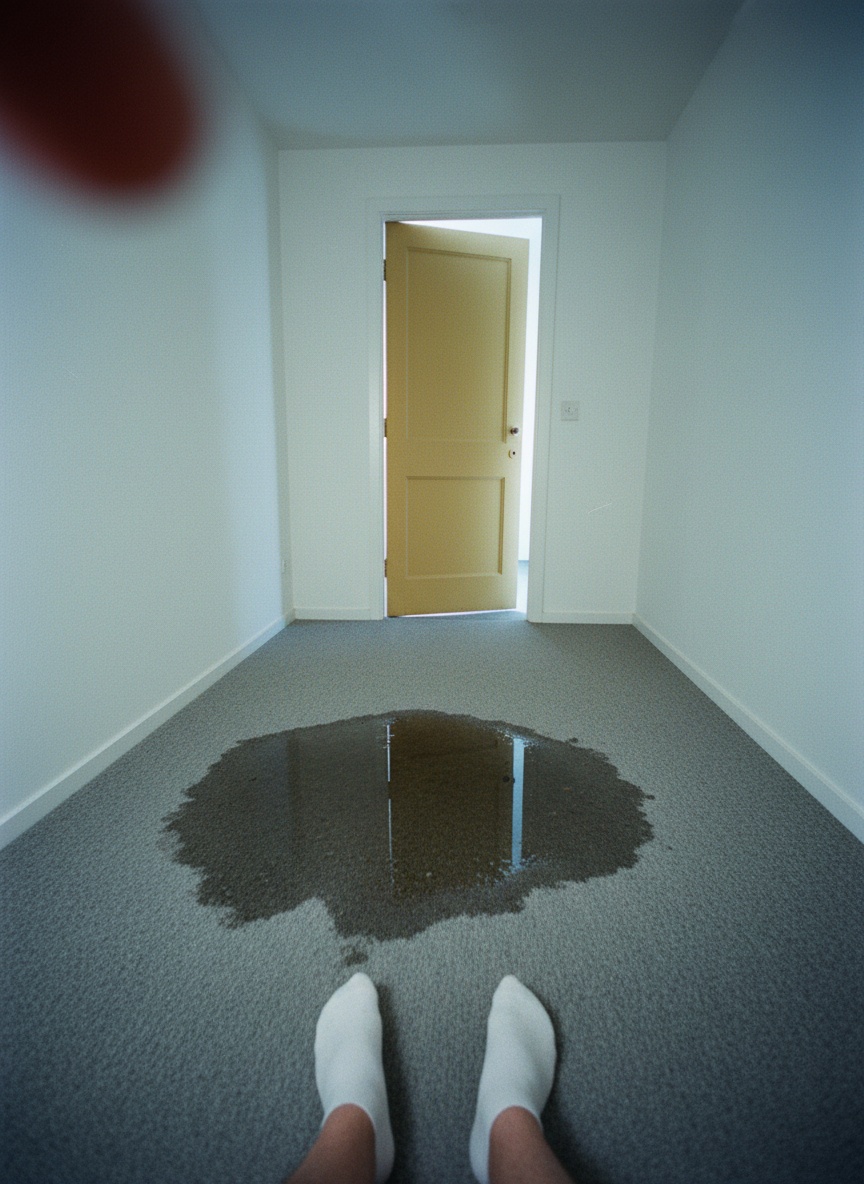 A pair of socked feet stand on a damp grey carpet in a bare white room, with a single yellow door ajar behind them.
