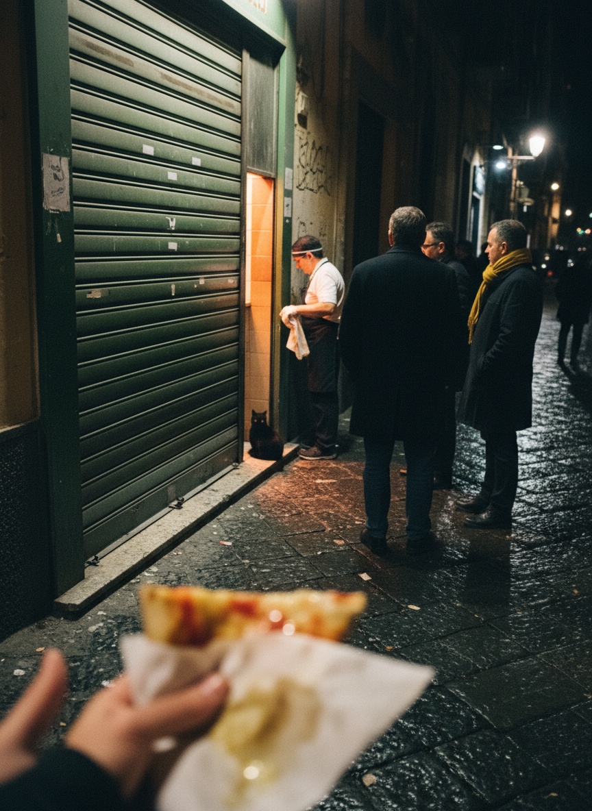 A night street in Naples with a green shutter nearly closed, oven light on the wet pavement, a hand with a folded pizza in the foreground and a line of people still standing.