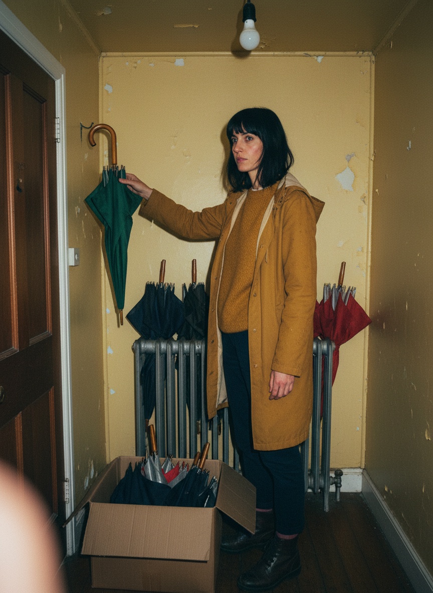 A photographer reaches for a green umbrella on a nail in her cluttered studio, other umbrellas drying on a radiator behind her.