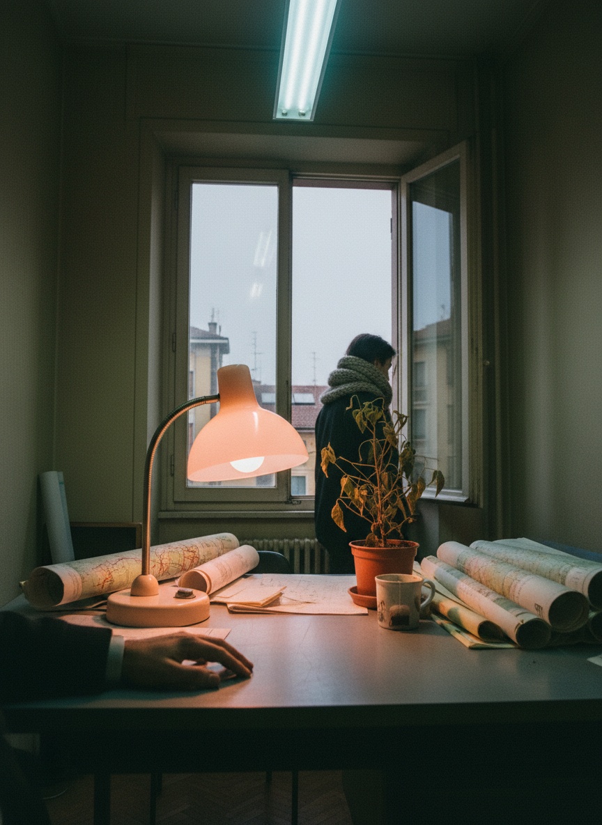 A pink-amber glass lamp glows on a cluttered desk in a Milan office, a blurred hand in the foreground and a scarfed colleague turned away.