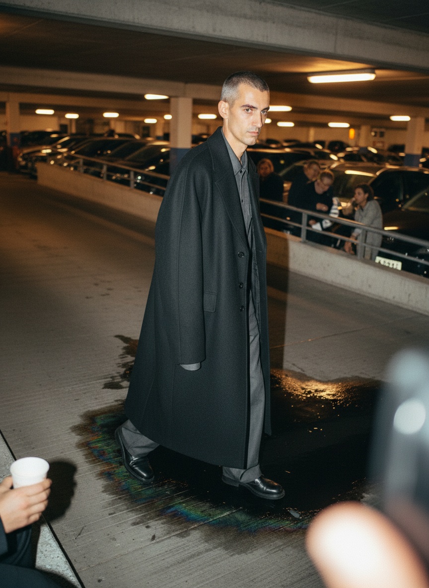 A model in a waxed felt coat walks across an oil stain on a car park ramp at night, caught in flash.