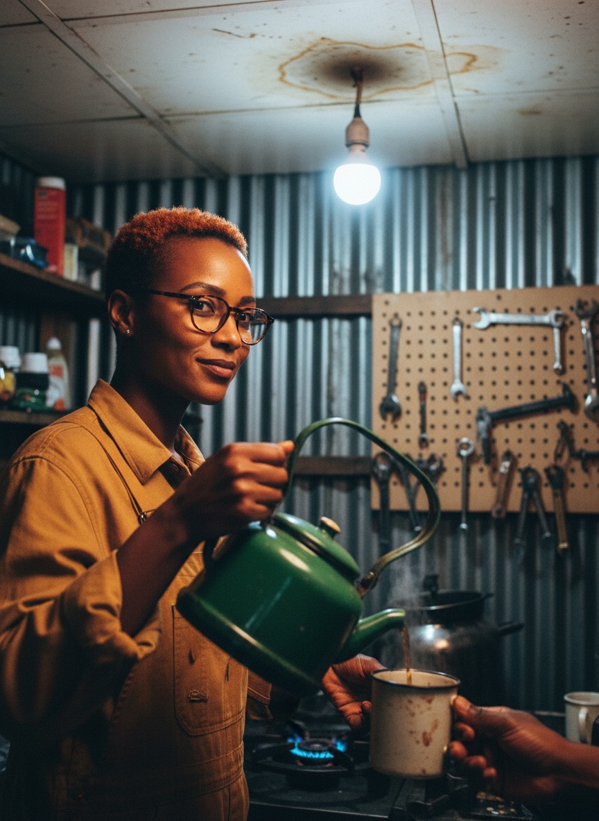 An inventor half-turned toward the camera pours from a green enamel kettle with a left-side handle in a cluttered workshop kitchen, a stray hand holding a mug in the foreground.