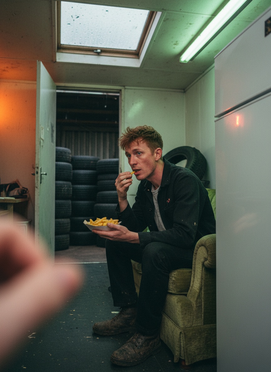A singer half-turned on a worn sofa backstage, holding a tray of chips, with rain on the skylight above and tyres stacked behind him.