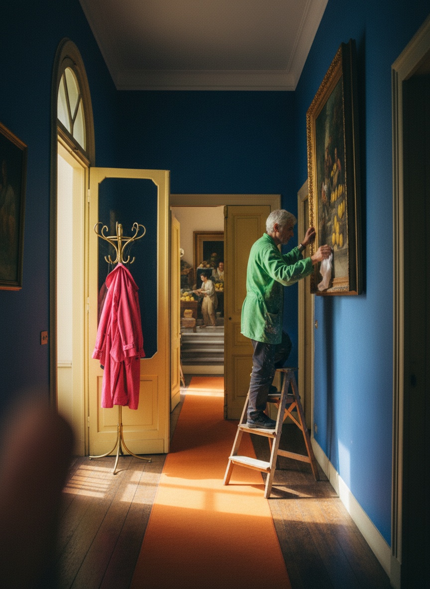 A man in an acid-green shirt, seen from behind, stands on a stepladder in a cobalt-blue Milan hallway and straightens a gilt-framed painting of lemon sellers in golden afternoon light.
