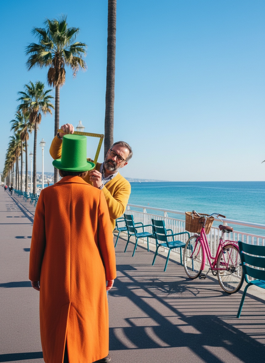 A woman in an orange coat and a tall acid green felt hat walks along the Promenade in Nice while a milliner behind her holds a brass rule up to the hat.