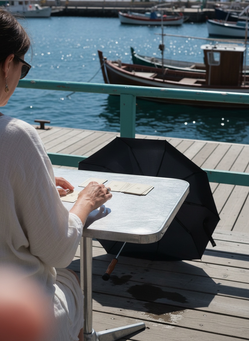 A pair of hands lays tarot cards on a pier cafe table in hard midday sun, an open black umbrella drying beside them.