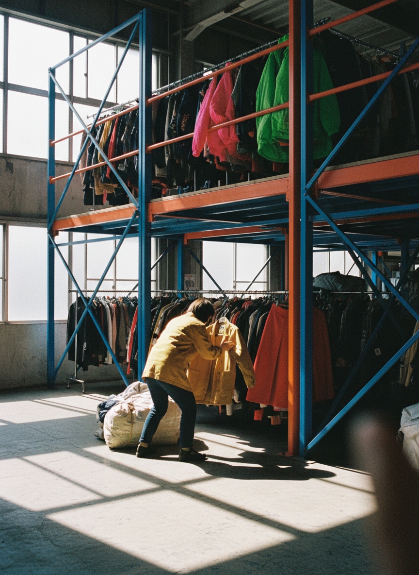 A vintage hunter seen from behind pulls a mustard jacket from a cobalt and orange rail in a sunlit Tokyo storage building.
