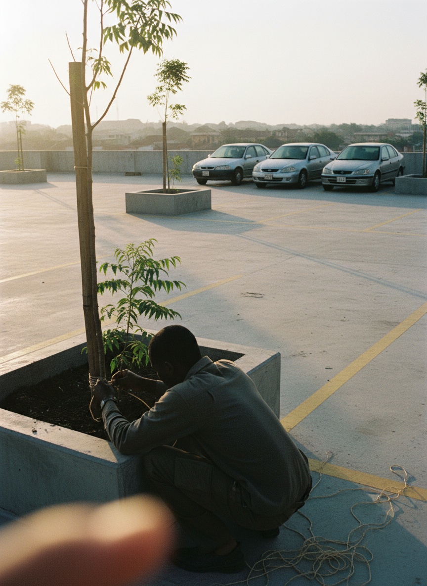 A garden designer crouches seen from behind, tying a young tree to a stake on an Accra car park roof in low morning sun.