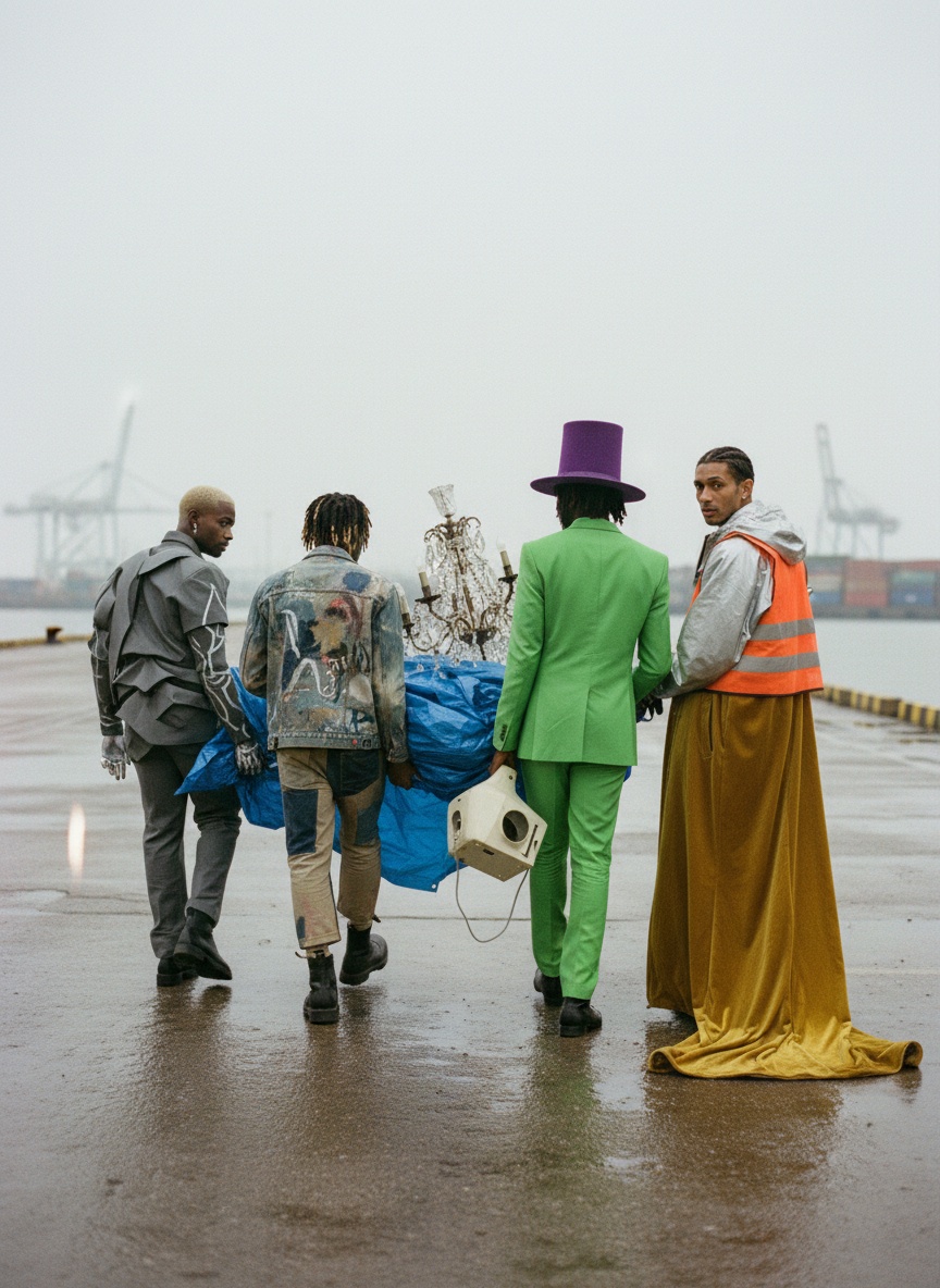 Four rap group members walking away along a Rotterdam quay at dawn, carrying a wrapped broken chandelier and a hand dryer.