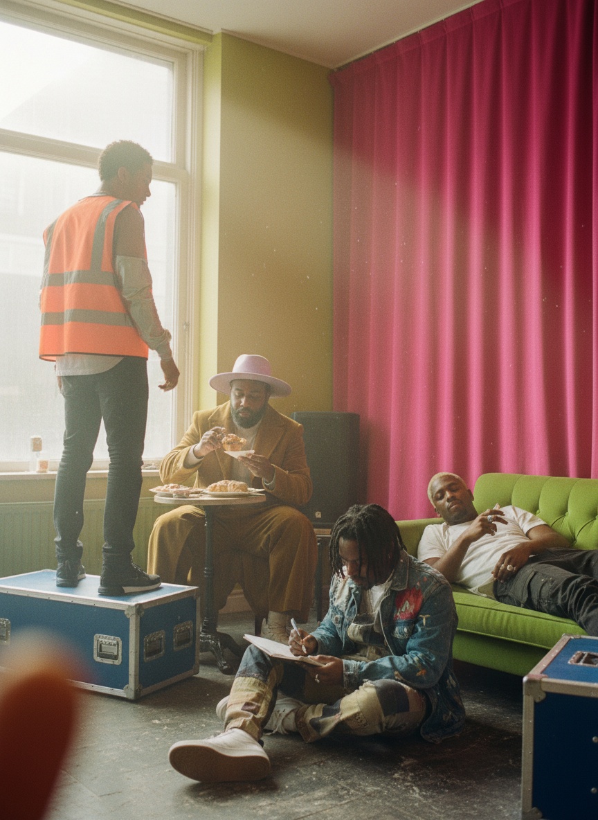 Four rap group members in a bright, cluttered rehearsal room: one on a flight case seen from behind, one eating a pastry with a knife and fork, one with a notebook, one sewing on a sofa.