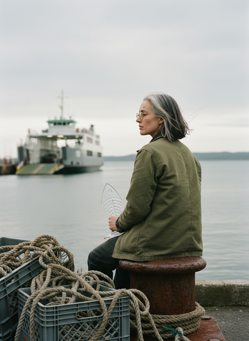 A director sits on a harbour bollard with her back mostly to the camera, a glass fish-bone trophy hanging from her hand, watching a ferry come in under a grey sky.