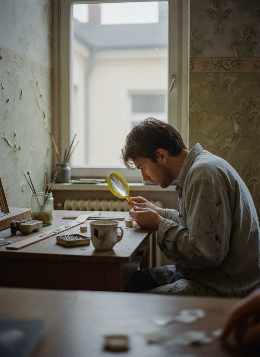 A painter bends over a desk in a Berlin flat, holding a magnifying glass above a tiny stamp in grey morning light.