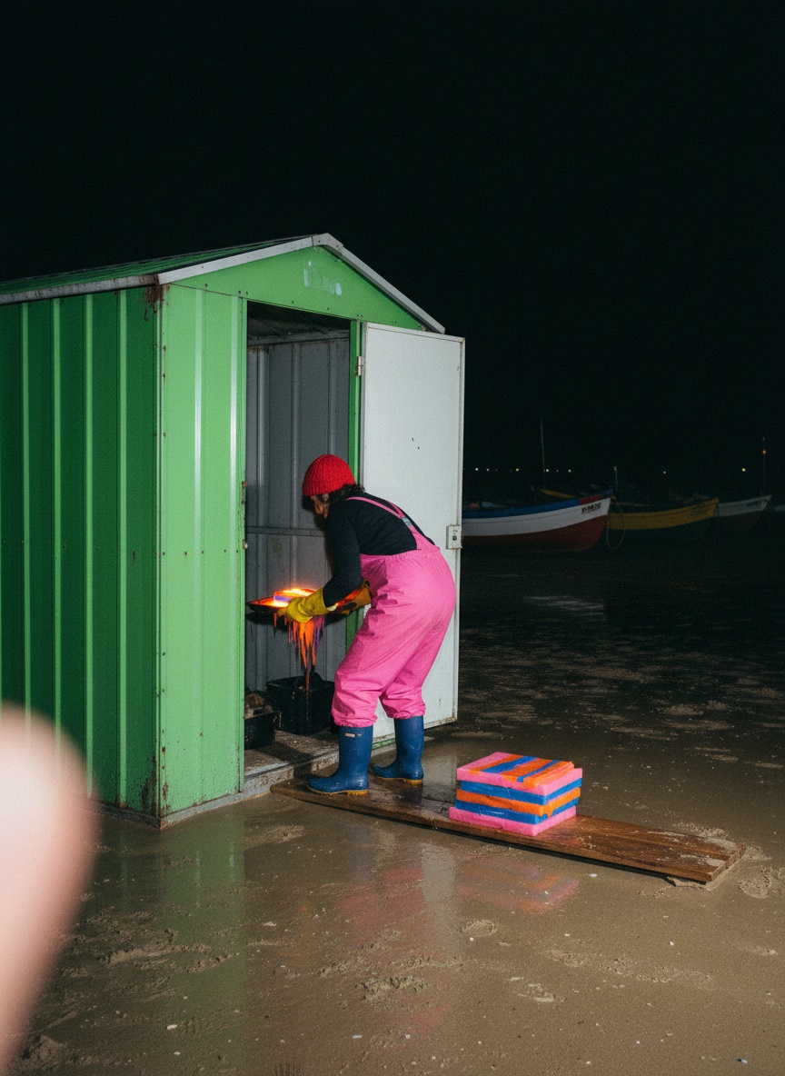 A sculptor crouches at the door of a bright green shed on a night beach, holding a tray of glowing melted plastic, lit by hard flash.