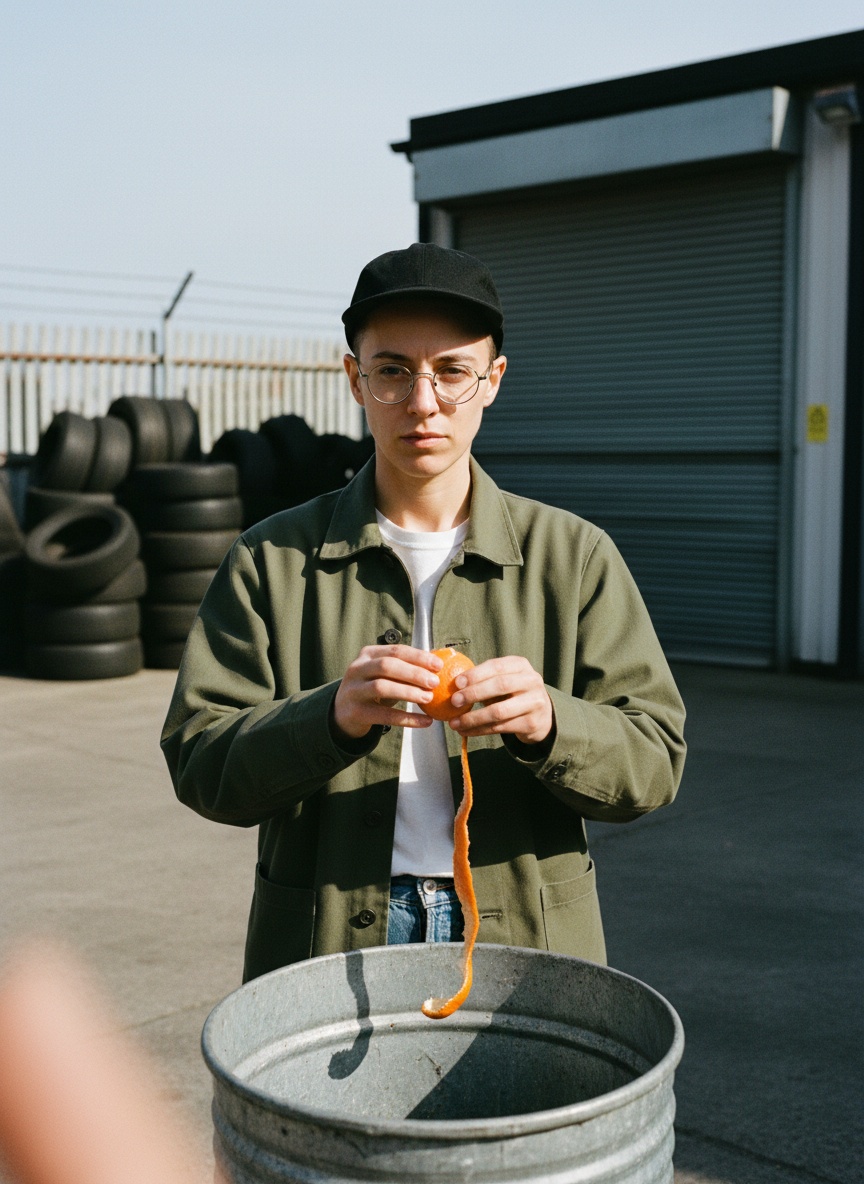 A grime MC in a cap peels a clementine in one long strip over a metal bin in a sunlit concrete yard stacked with tyres, her eyes on her hands.