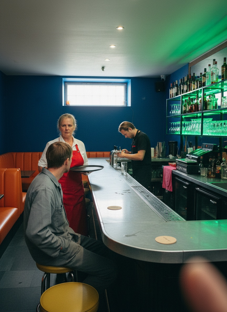 In a cobalt-walled cellar bar, a man in a grey work jacket stares at an empty coaster while a waitress with a tray against her hip waits beside him and the bartender rinses a glass.
