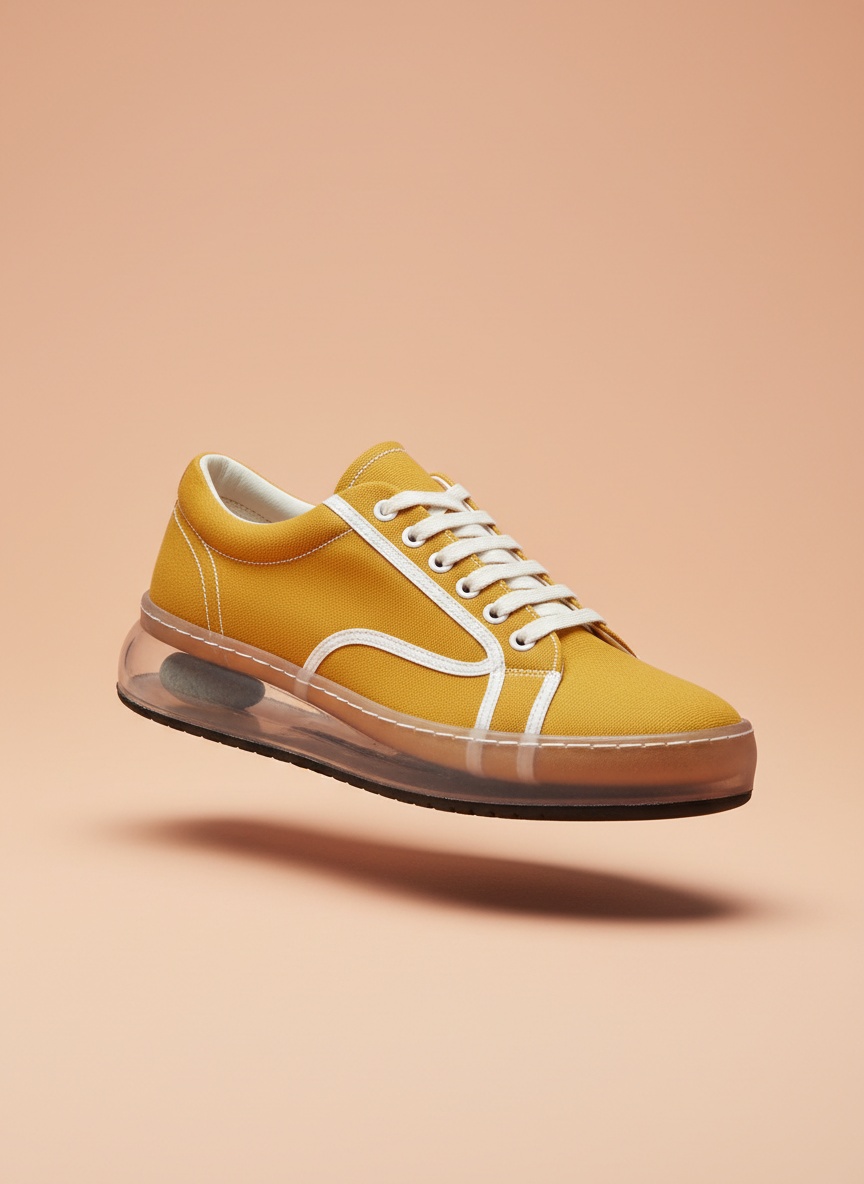 A mustard canvas sneaker on a peach backdrop with a clear curved resin sole holding a grey pebble.