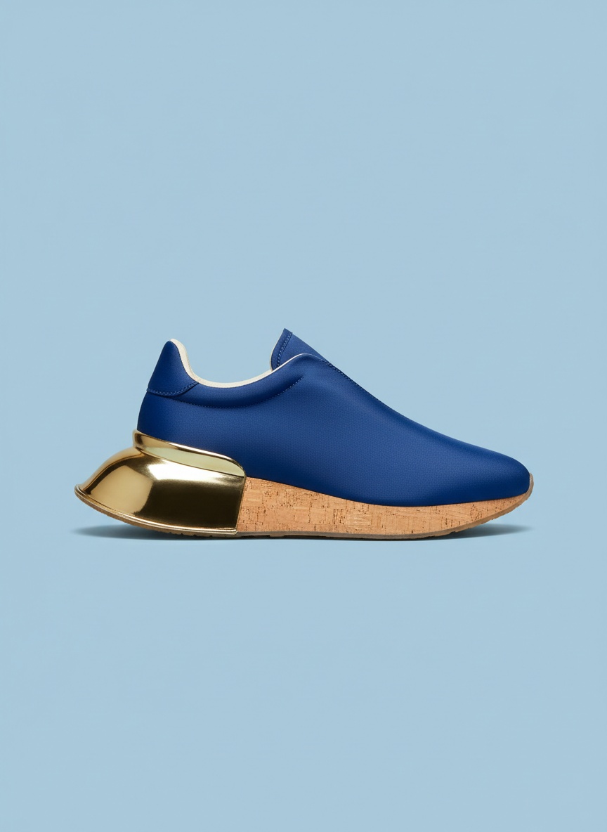 A cobalt blue sneaker on a lilac backdrop with a wide brass-gold flared heel shaped like a horn.