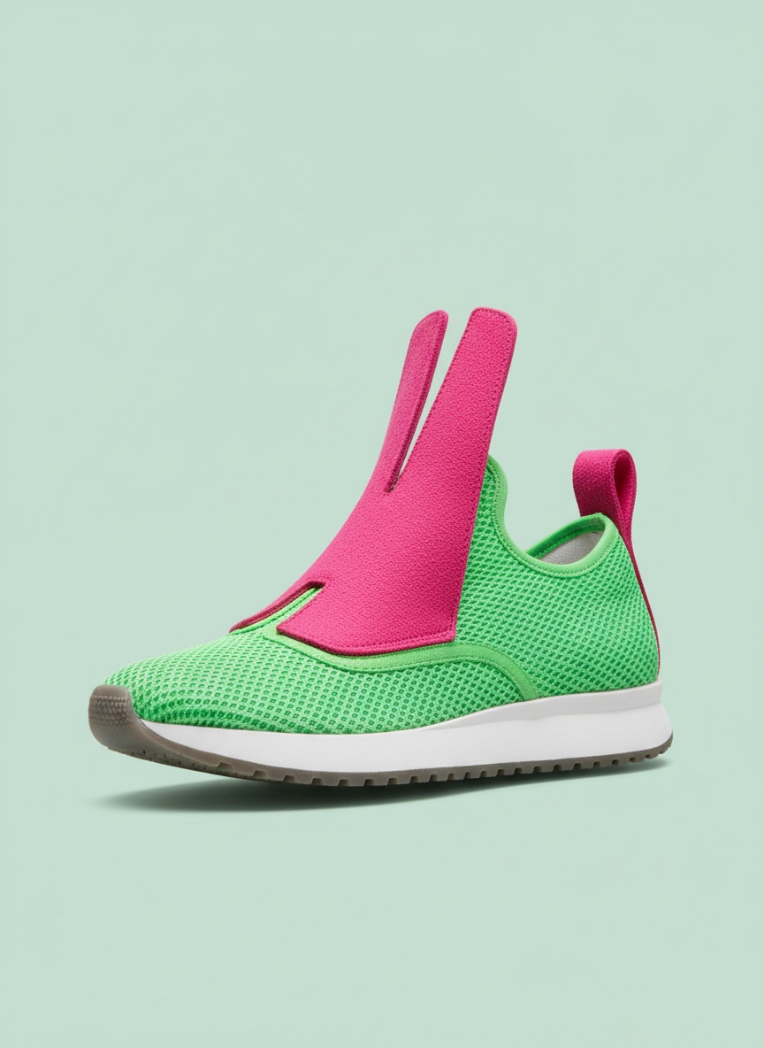 An acid green mesh sneaker on a mint backdrop with a tall split hot pink felt tongue.