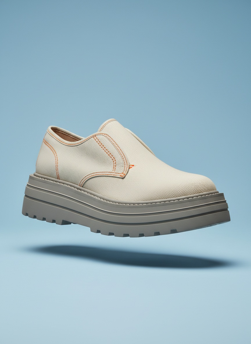 A chunky off-white sailcloth sneaker with orange stitching and a three-step grey rubber sole on a grey backdrop.