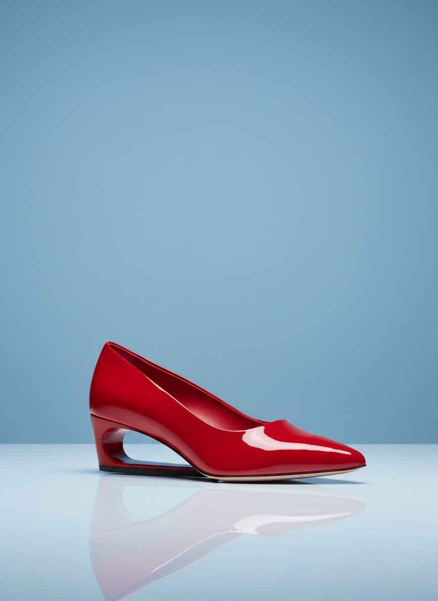 A glossy red patent leather sneaker with a hollow bridge-shaped white sole on a powder blue backdrop.