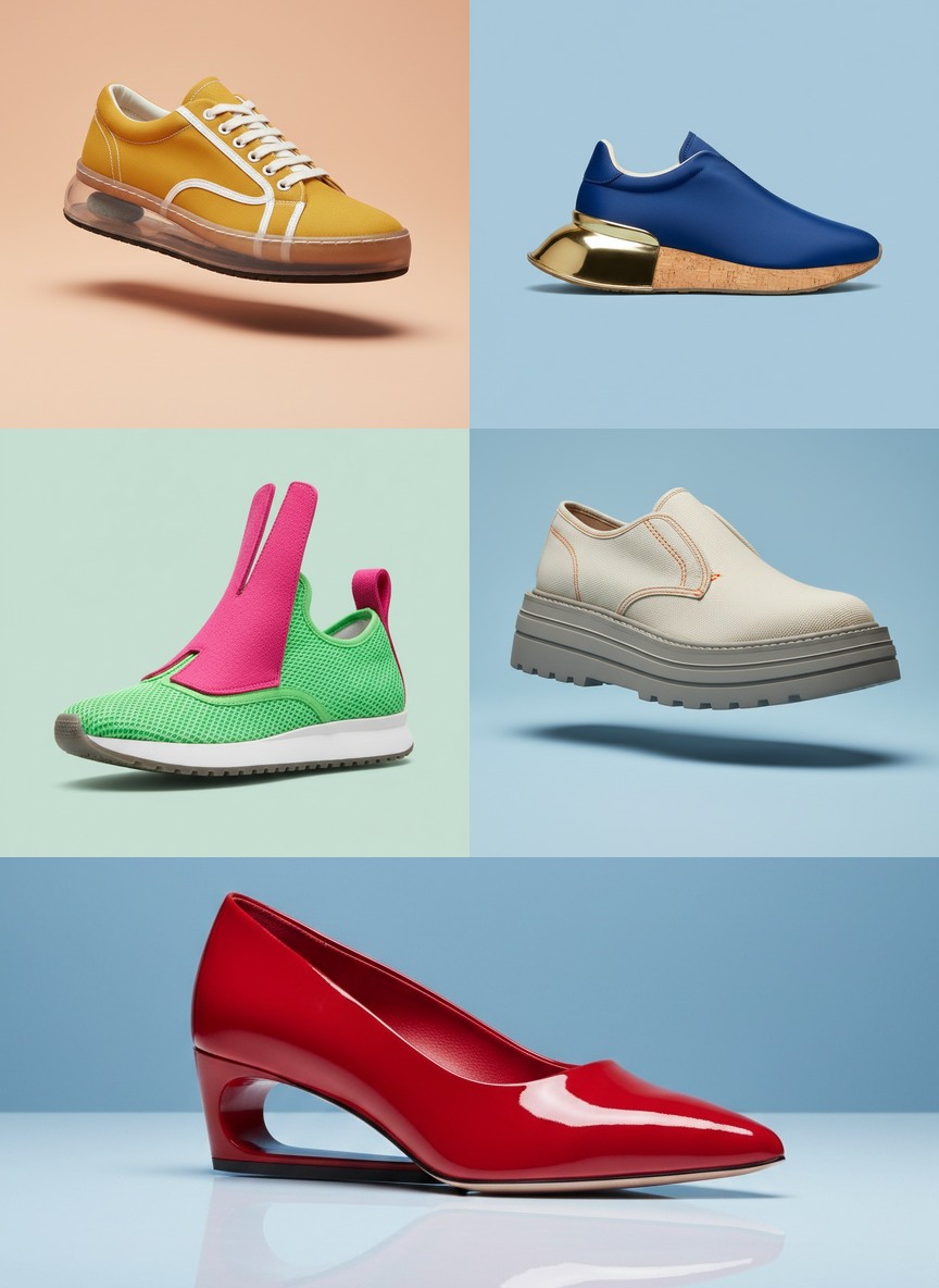 Five invented sneakers on pastel backdrops