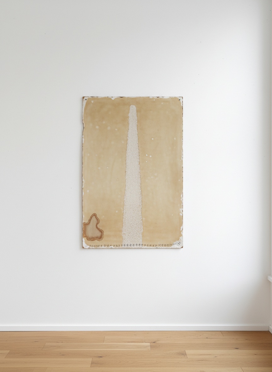 A 120 by 80 cm ochre-painted linoleum sheet with a pale sanded path down the middle, pencil tally marks along the bottom edge and a brown glue stain in the lower left corner, hung unframed on a white wall.