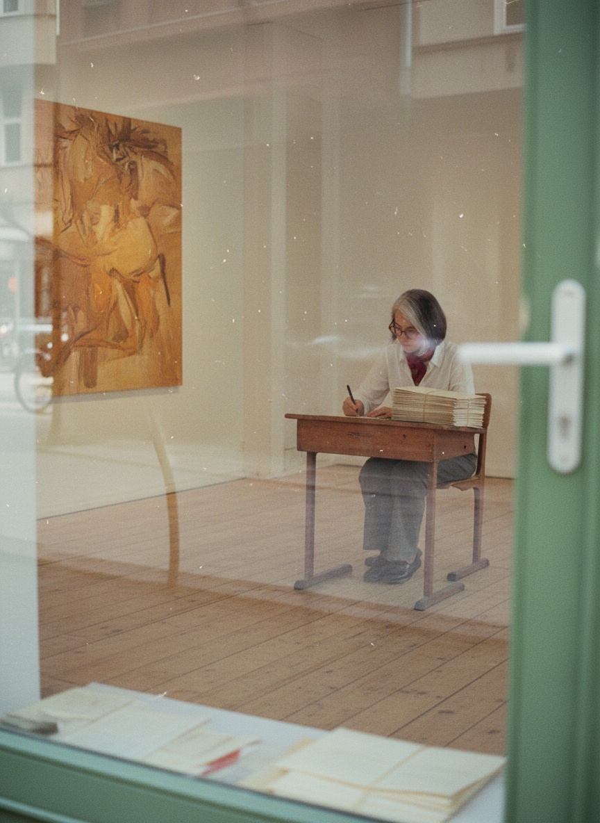 A gallerist sits at a school desk at the back of an empty gallery, seen from behind, writing on an envelope in hazy afternoon light.