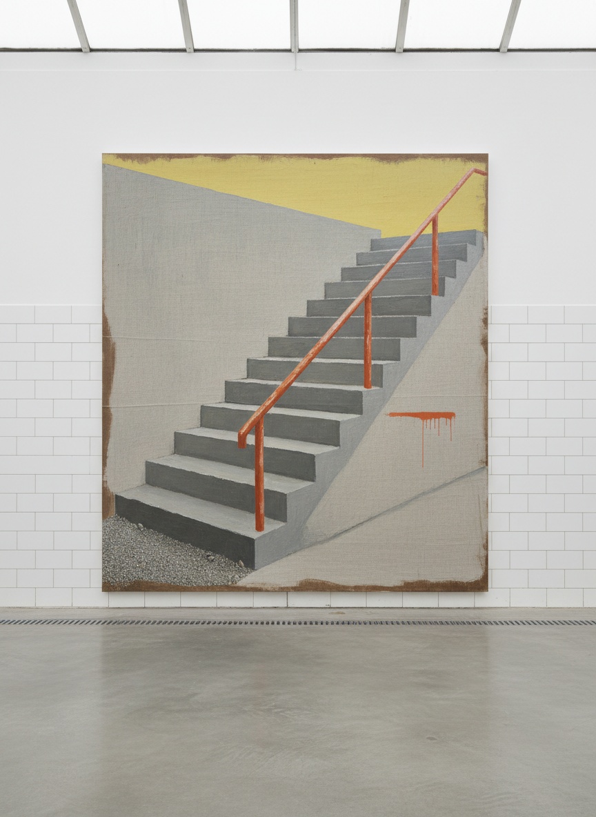 A tall oil painting on raw linen of a faded orange handrail over flat grey concrete steps under a pale yellow sky, with grit pressed into the lower left corner and one sideways drip across the rail.