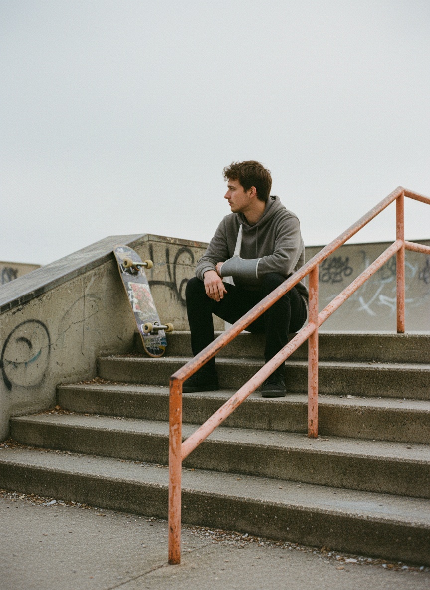 A man in a hooded jacket and forearm cast sits on a concrete step seen from behind, looking at a faded orange handrail in a grey skate park.