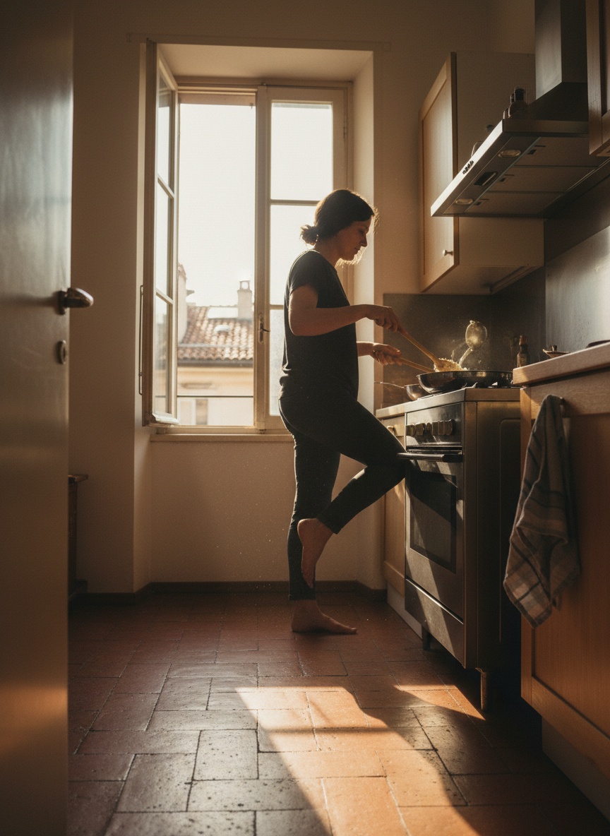 A cook in a sunlit Milan kitchen rests a bare foot against a wooden spoon in a pan of risotto while ladling stock with her hand.
