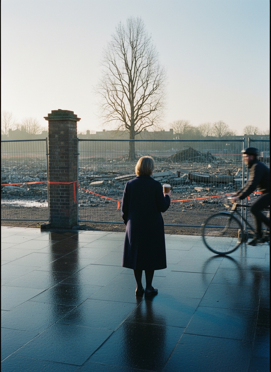 A woman in a navy coat seen from behind, looking through a fence at a cleared plot where a school once stood, on a clear morning.