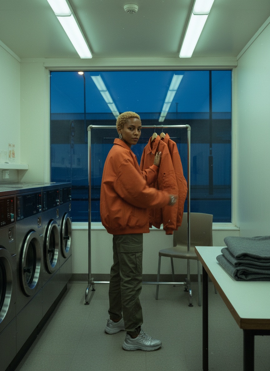 A woman seen from behind hangs orange jackets on a rail inside a launderette as streetlights come on outside the window.