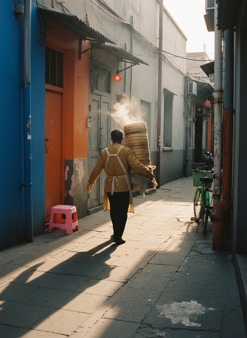 A dumpling master walks away down a bright hutong at sunrise carrying a stack of steaming bamboo baskets past blue and orange walls.