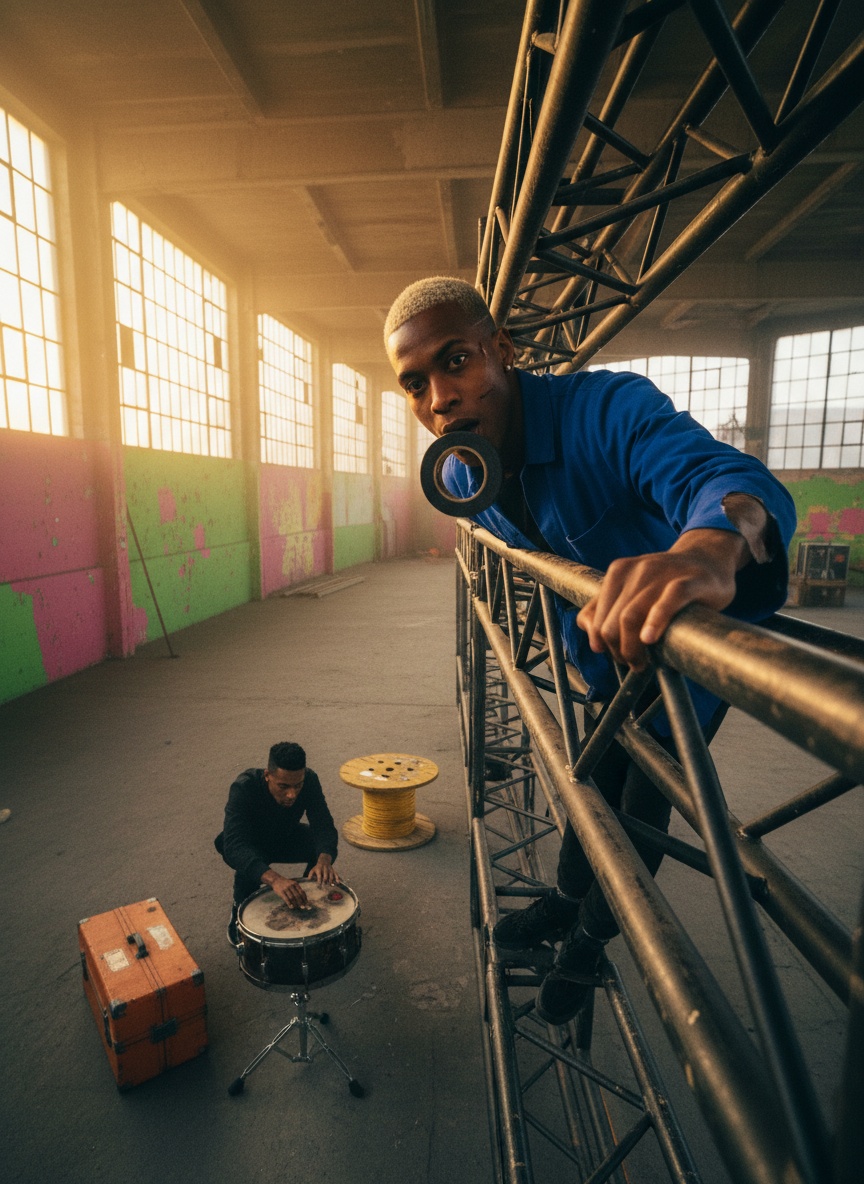 A member of Grim Foh in a cobalt jacket climbs a lighting truss in a sunlit Rotterdam warehouse while another member tunes a scrap-metal snare far below.