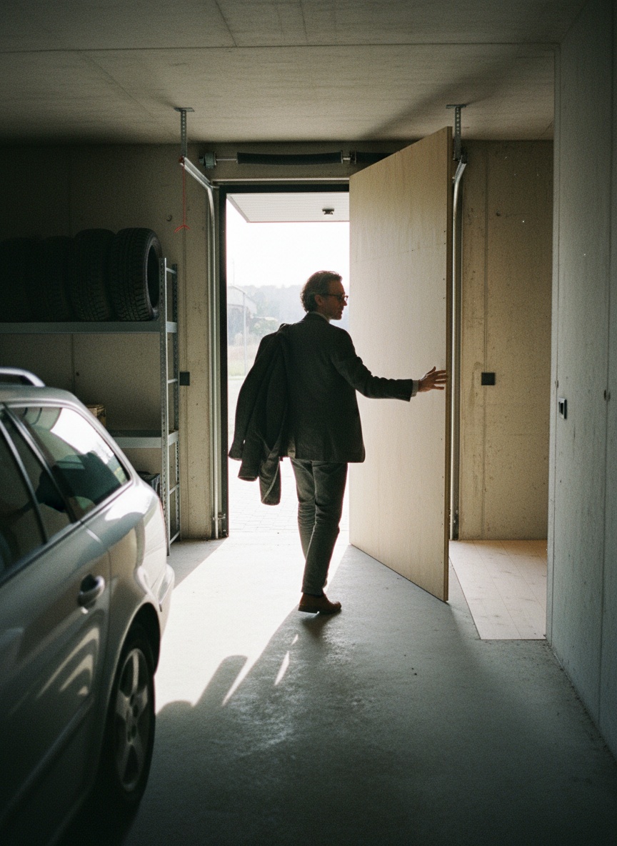 An architect seen from behind pushes open a plywood panel at the back of a sunlit concrete garage, past tyres and a car, into a pale wood interior.