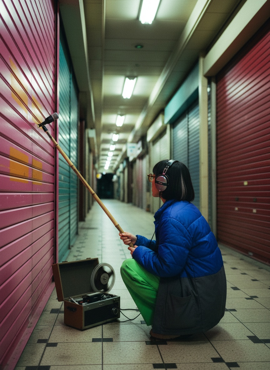 A woman in a cobalt jacket crouches with a microphone pole against a hot pink shop shutter in an Osaka arcade at night, a reel-to-reel tape machine beside her.